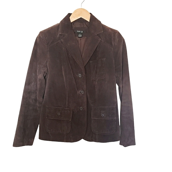 Style & Co. Jackets & Blazers - Style & Co Petite Brown Suede Leather Jacket Size S Pockets